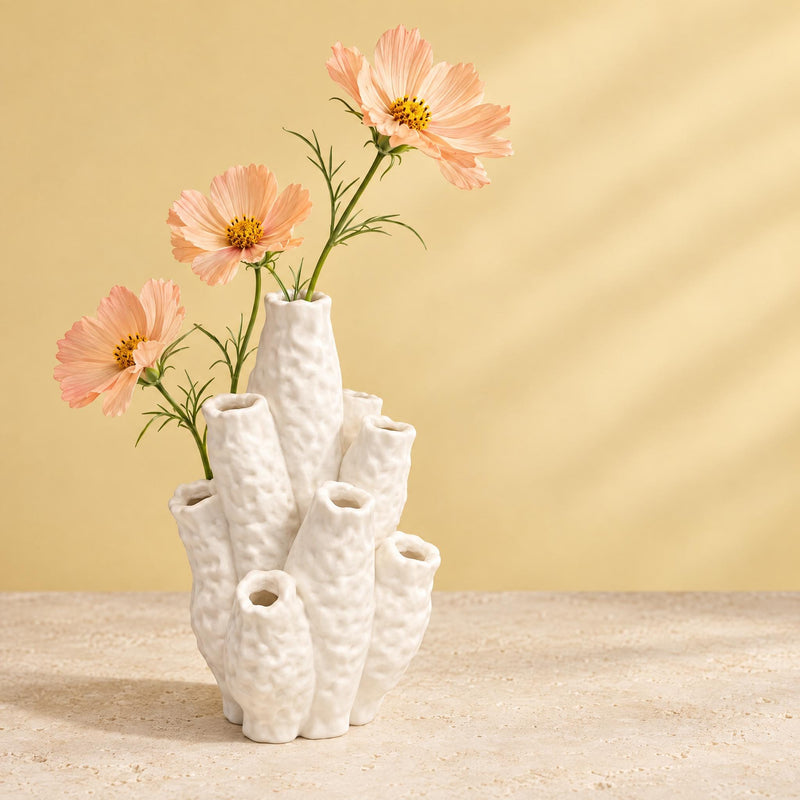 White coral-shaped vase with bumpy tubular branches and peach flowers against a yellow background
