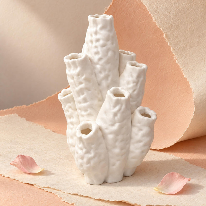 Empty white coral-shaped vase with bumpy tubular branches, surrounded by peach paper and pink petals
