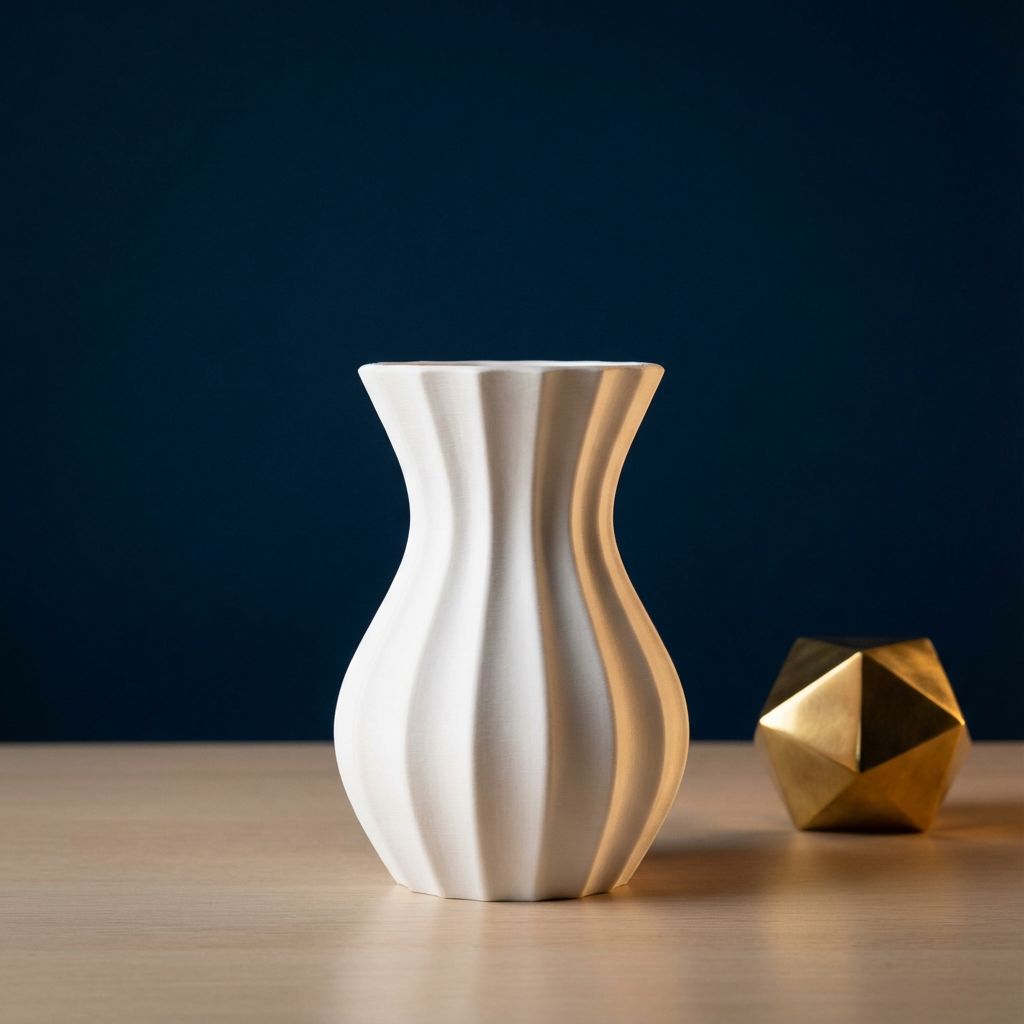White ceramic vase with wavy design next to a gold geometric object on a wooden surface with a dark blue background