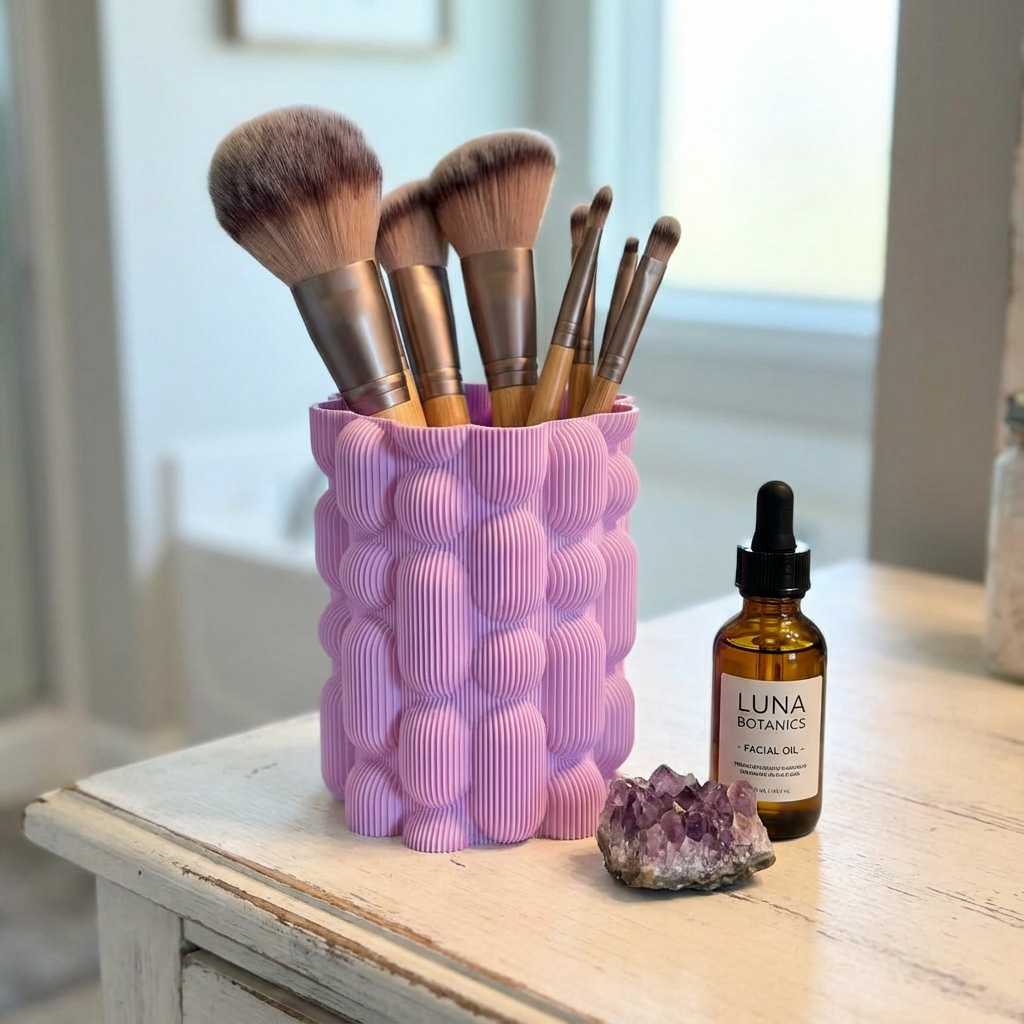 Makeup brushes in a pink holder on a wooden surface with a bottle of Luna Botanics product.