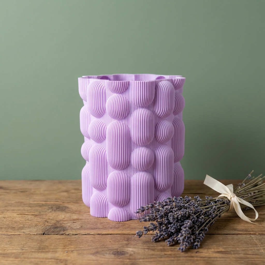 Purple textured vase on a wooden surface with lavender flowers against a green background