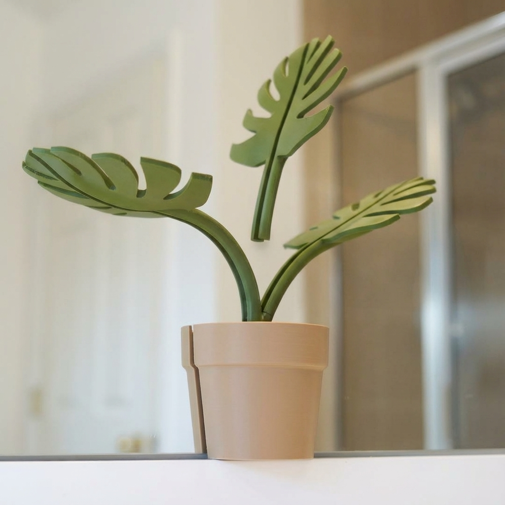 Decorative potted plant with green leaves on a white surface