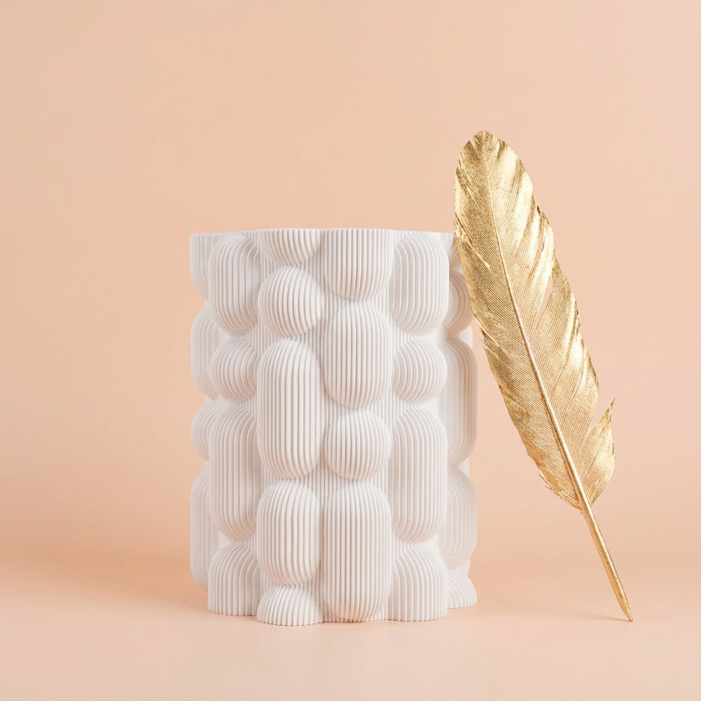 White textured vase with a gold feather on a peach background