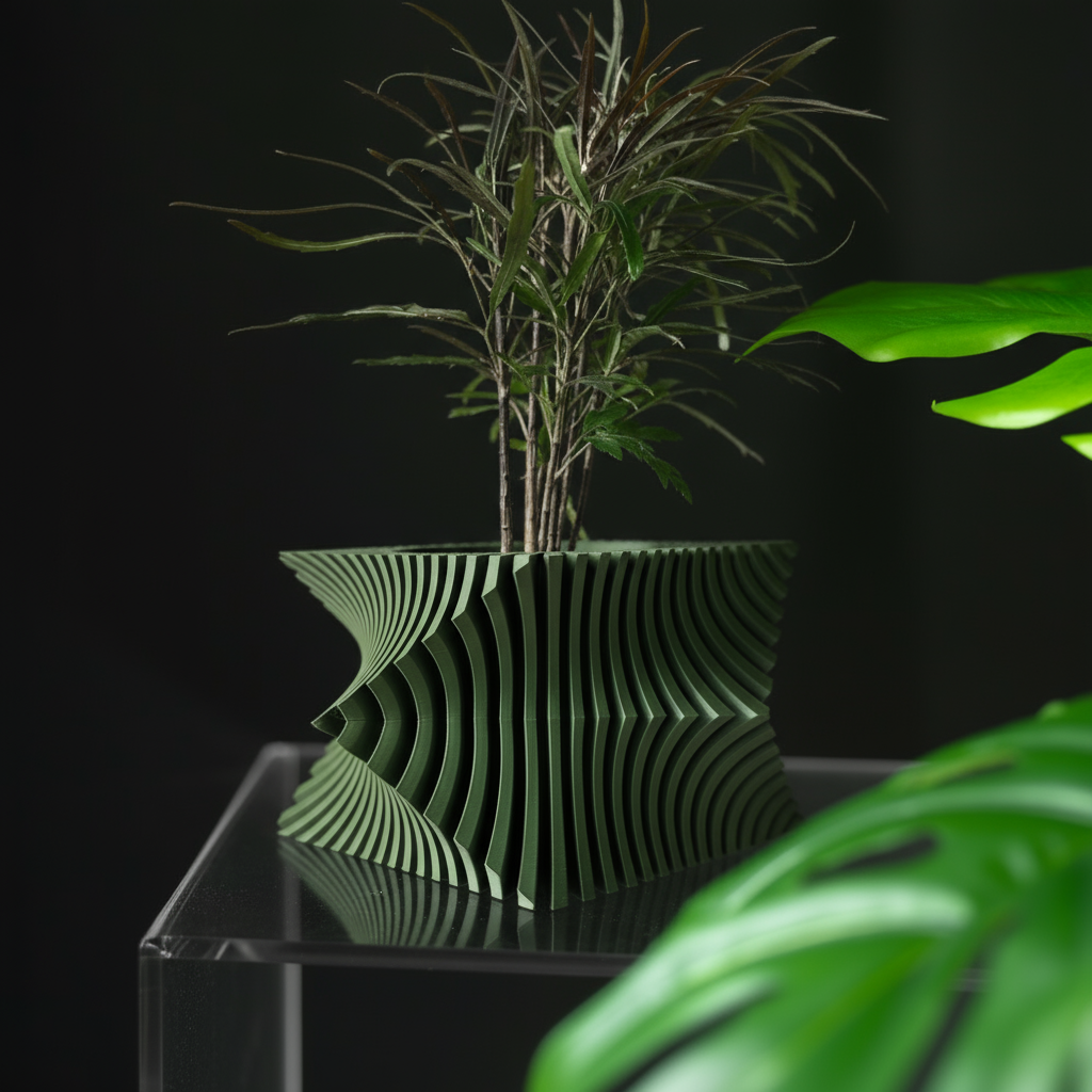 low profile plant pots Parametric Twisted Square Planter | Low Profile Ribbed Pot for Bonsai & Succulents