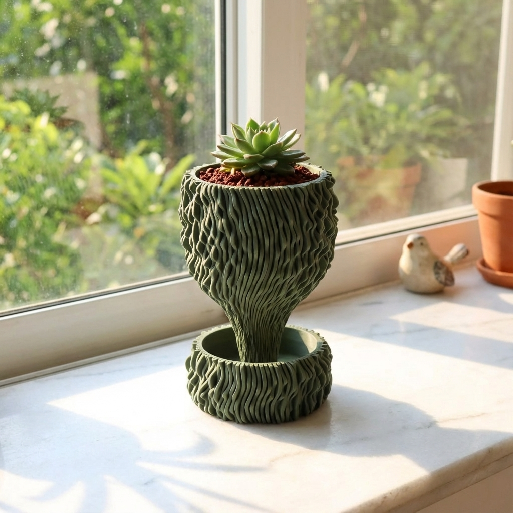 Ceramic planter with a succulent on a windowsill with natural light