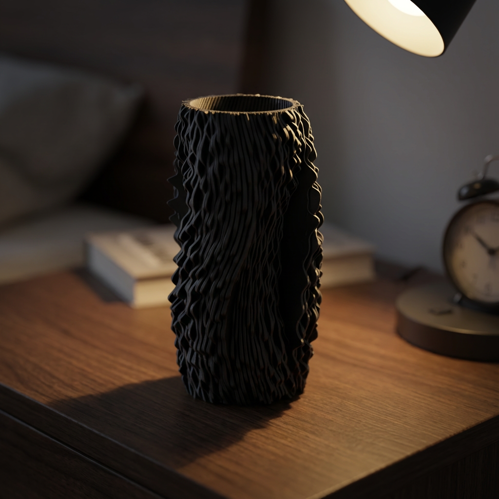 Black textured vase on a wooden surface with a lamp and books in the background