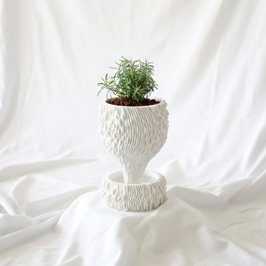 White textured planter with a small green plant on a white fabric background