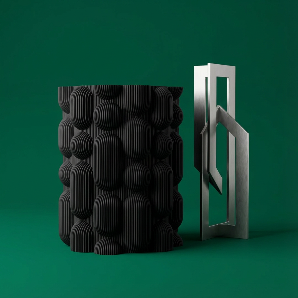 Black textured vase and silver metallic object on a green background