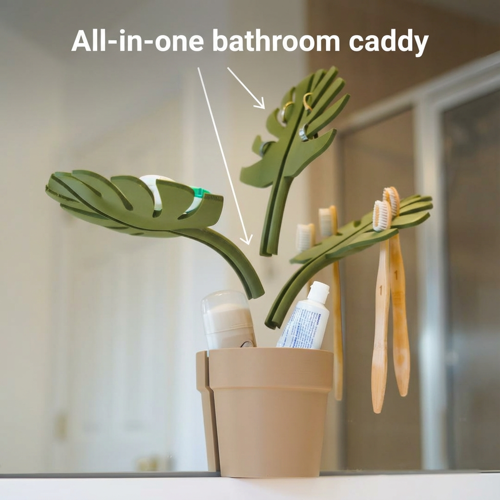 Green leaf-shaped bathroom caddy with toiletries on a blurred bathroom background