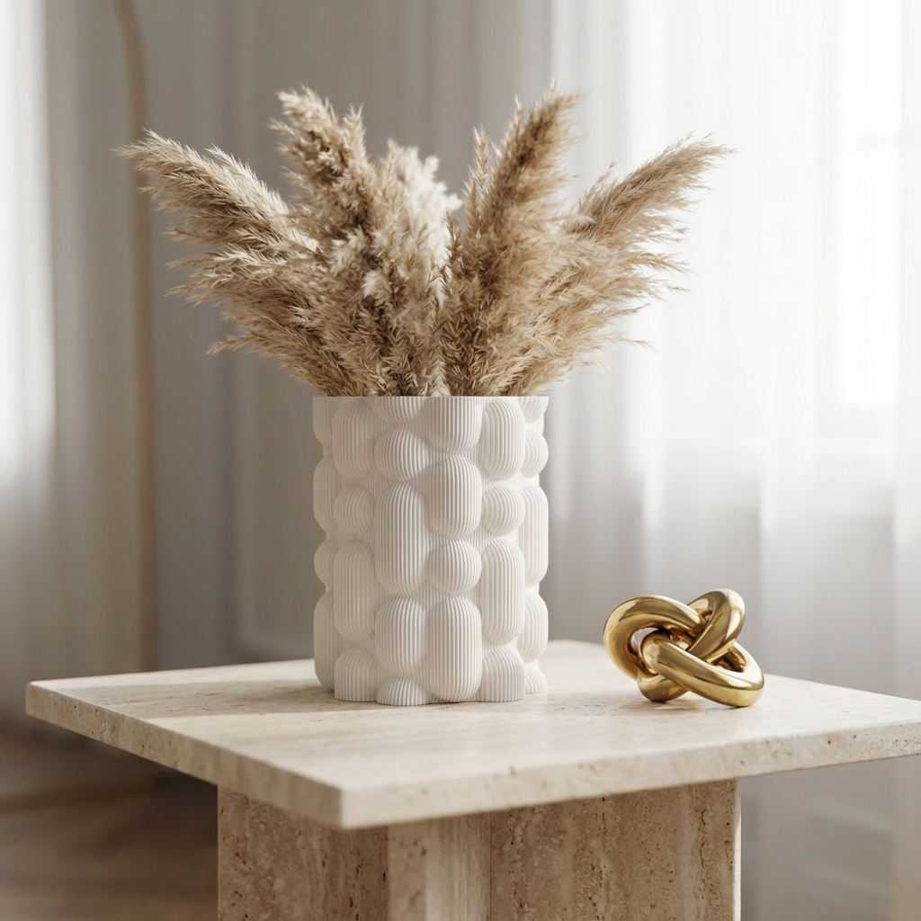 Decorative vase with pampas grass and a gold knot sculpture on a wooden surface.