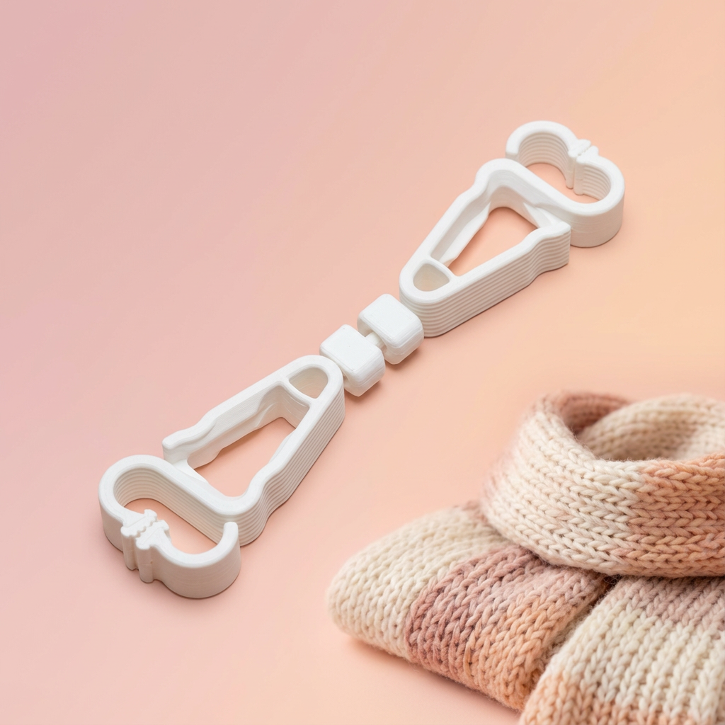 White plastic garment hanger on a pink background with a knitted item.
