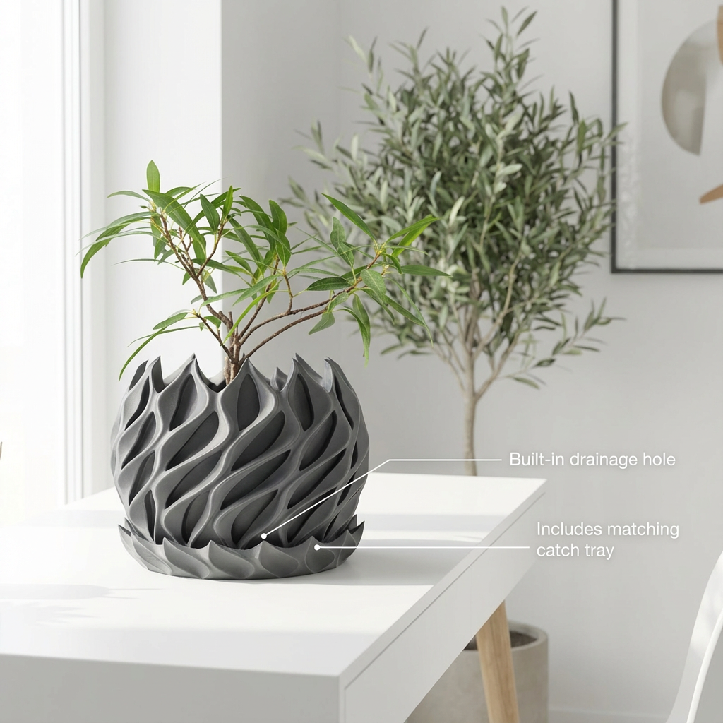 Decorative black wavy planter on a white surface with text indicating features.