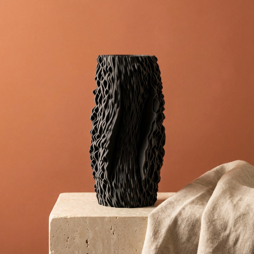 Black textured vase on a beige pedestal against an orange background