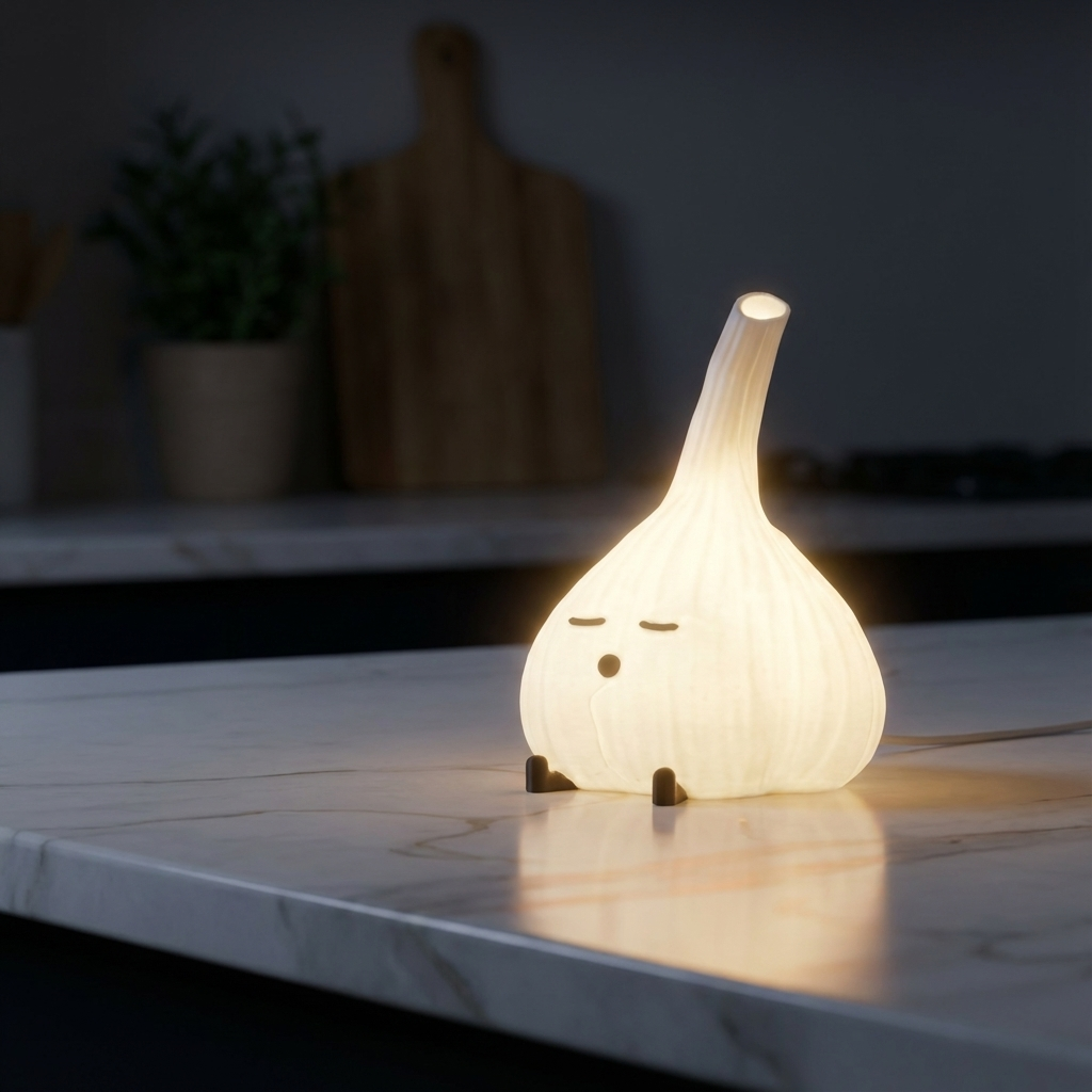 Light bulb-shaped lamp on a marble surface with a blurred background