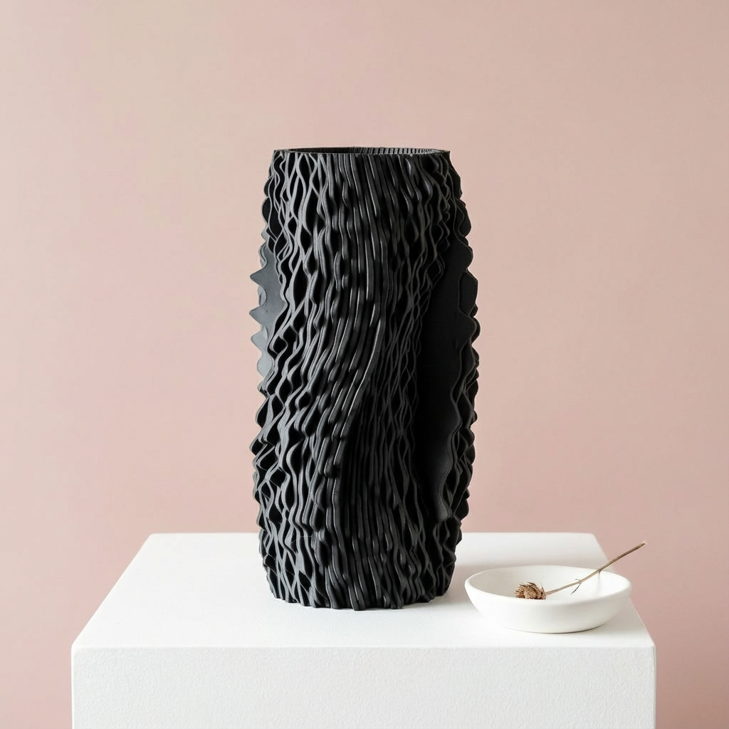Black textured vase on a white surface with a pink background