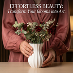 Person holding a vase with flowers and text about transforming blooms into art