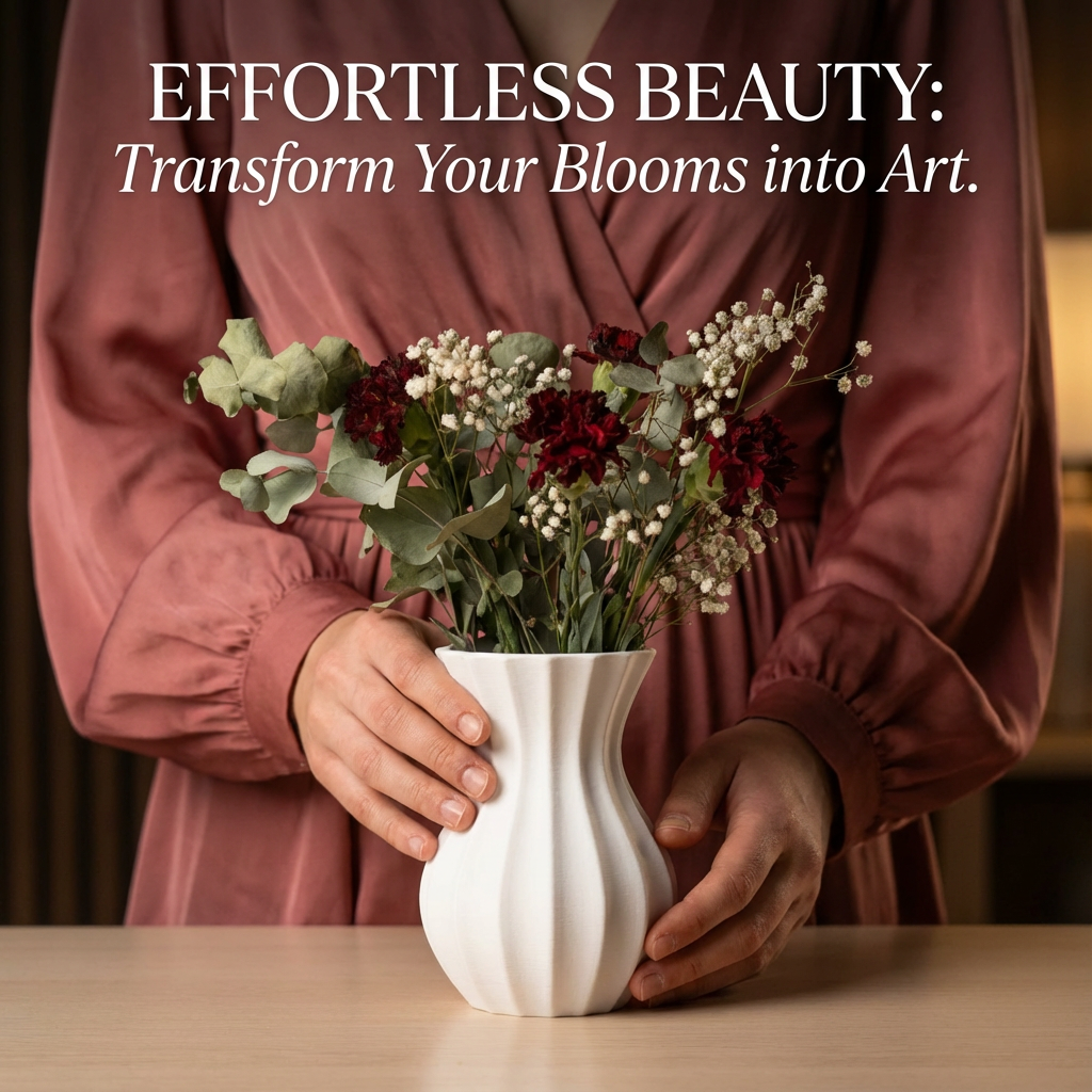 Person holding a vase with flowers and text about transforming blooms into art