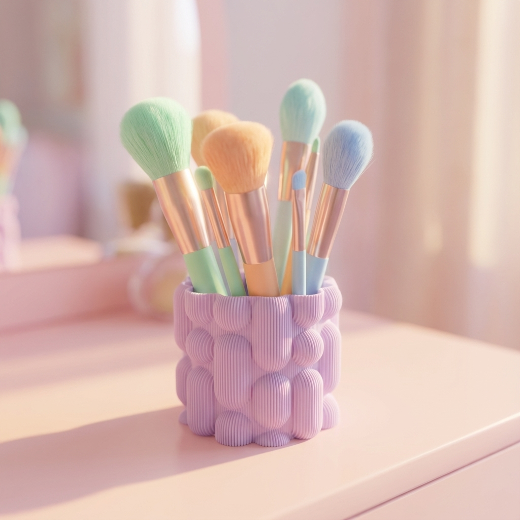 Set of colorful makeup brushes in a textured purple holder on a soft pink background