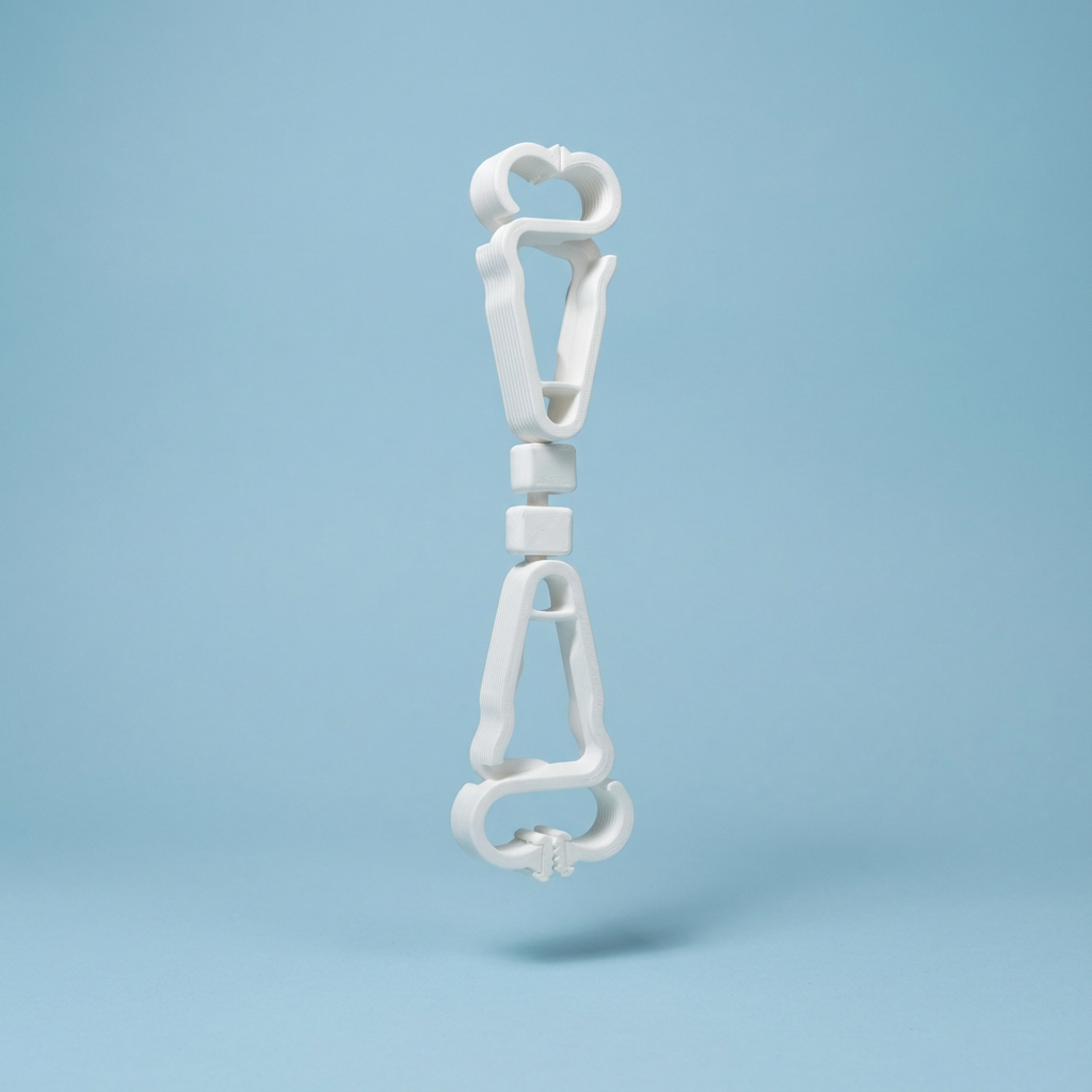 White plastic clip on a light blue background