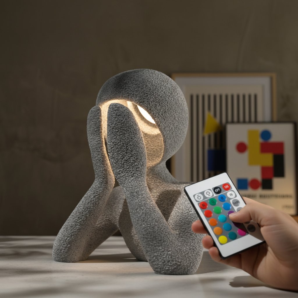 Modern lamp with textured design and remote control on a table.