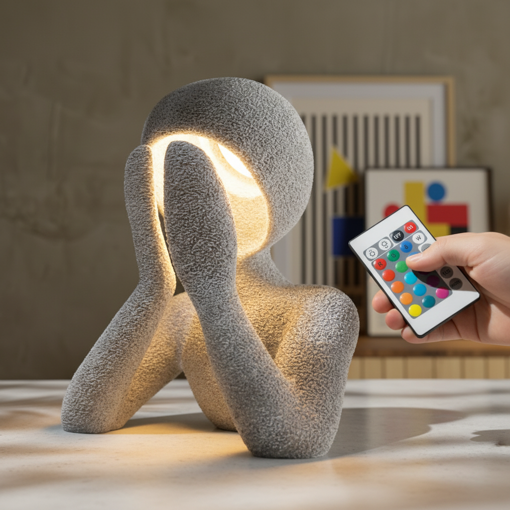 Modern table lamp with textured design and remote control on a wooden surface.