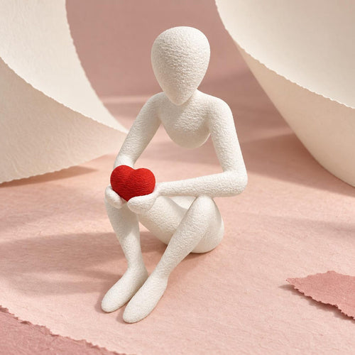 White Love’s Embrace figure holding a red heart on pink paper with curved ivory paper shapes