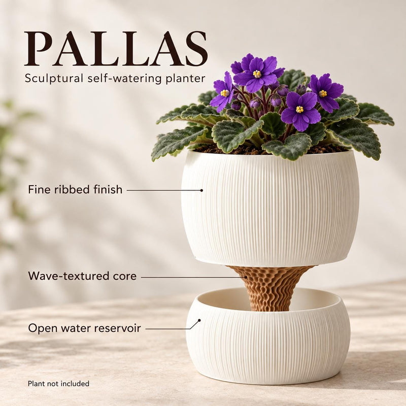 Pallas diagram labels the fine ribbed finish, wave-textured core and open water reservoir; plant not included