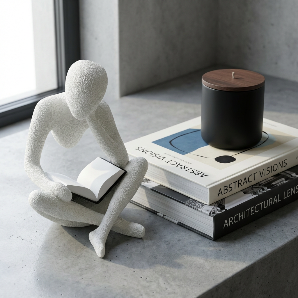 White sculpture of a person reading a book on top of books with a black candle on a concrete surface.