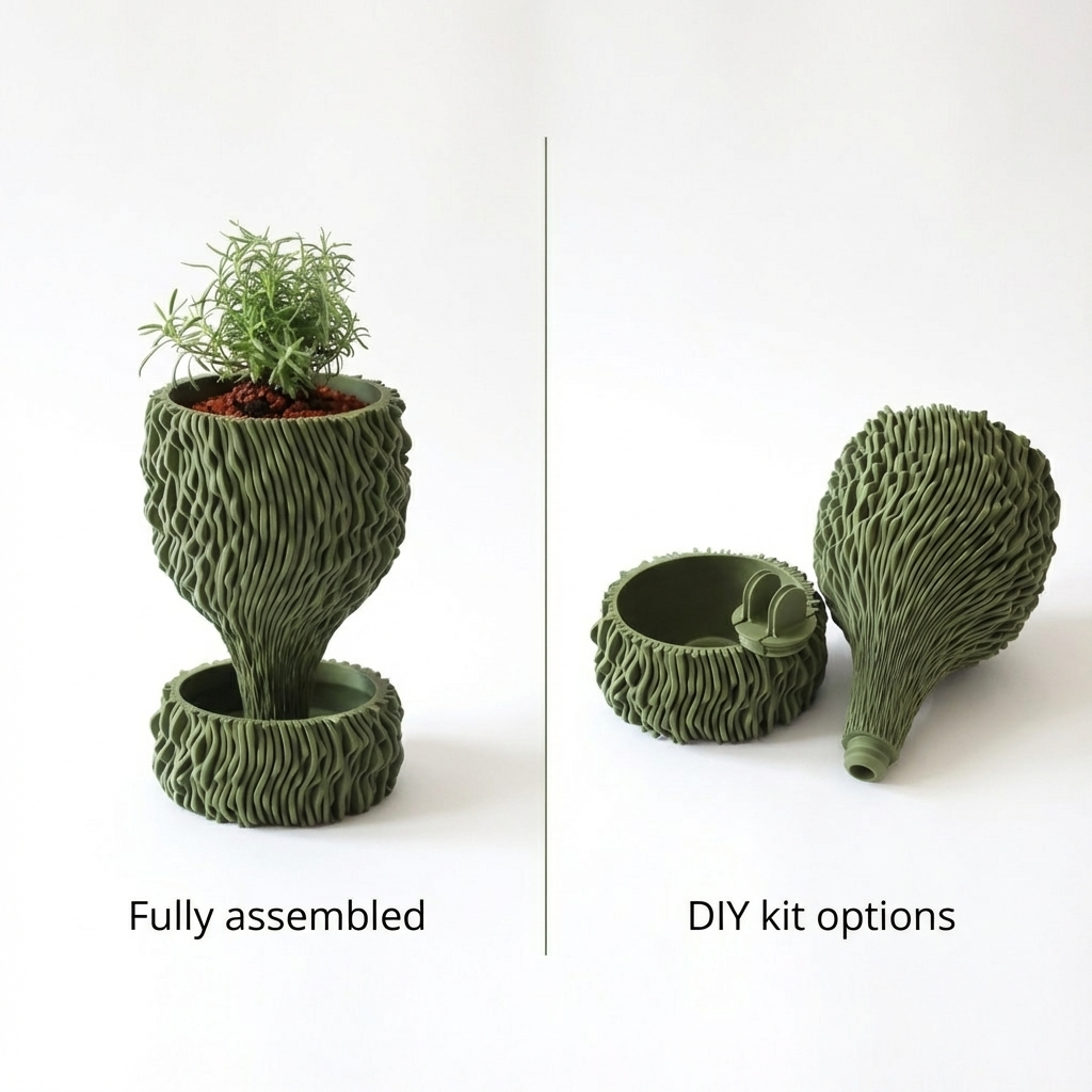Green textured plant pot with a plant on a white background, showing fully assembled and DIY kit options.