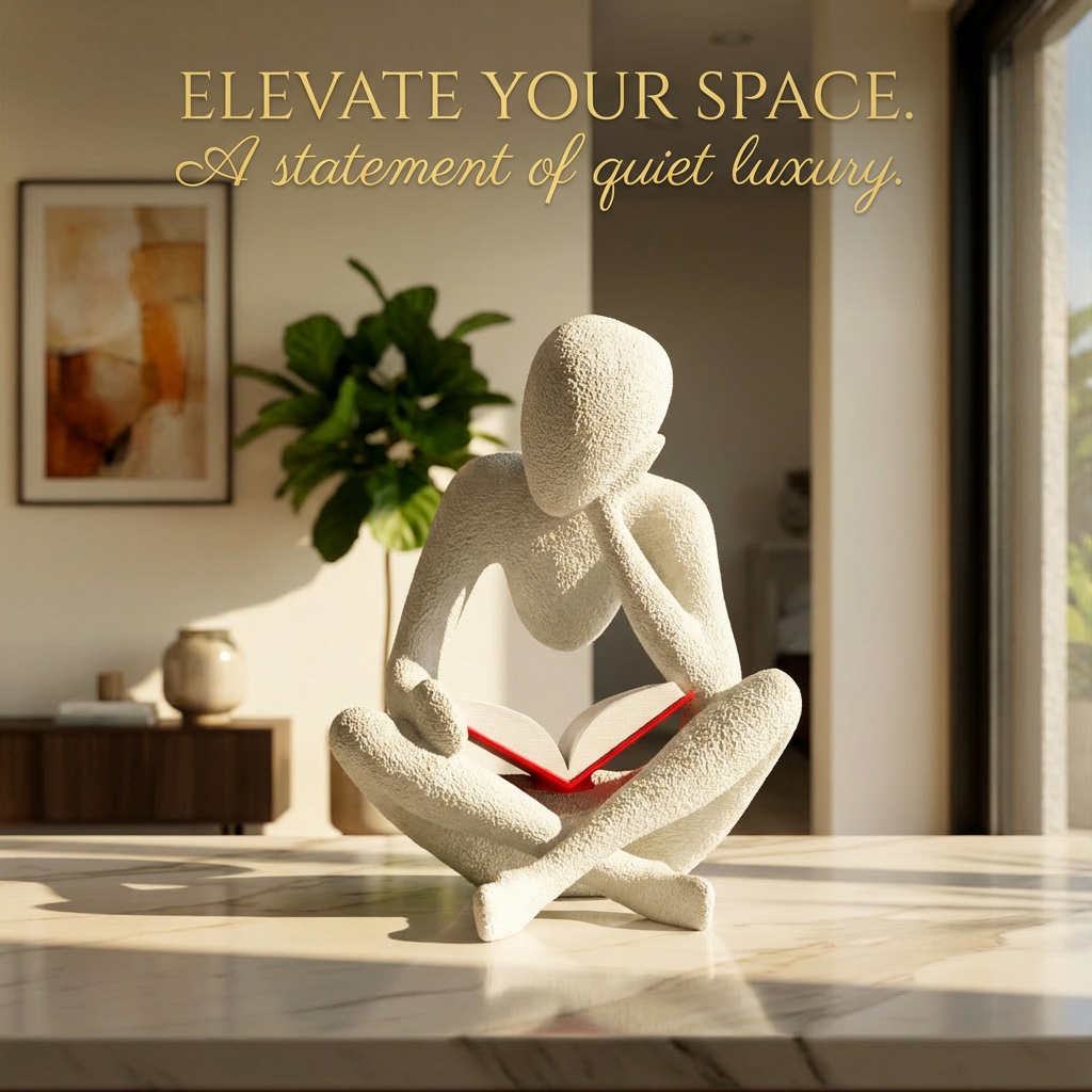 Decorative sculpture of a person reading a book on a table with text 'Elevate Your Space' in the background.