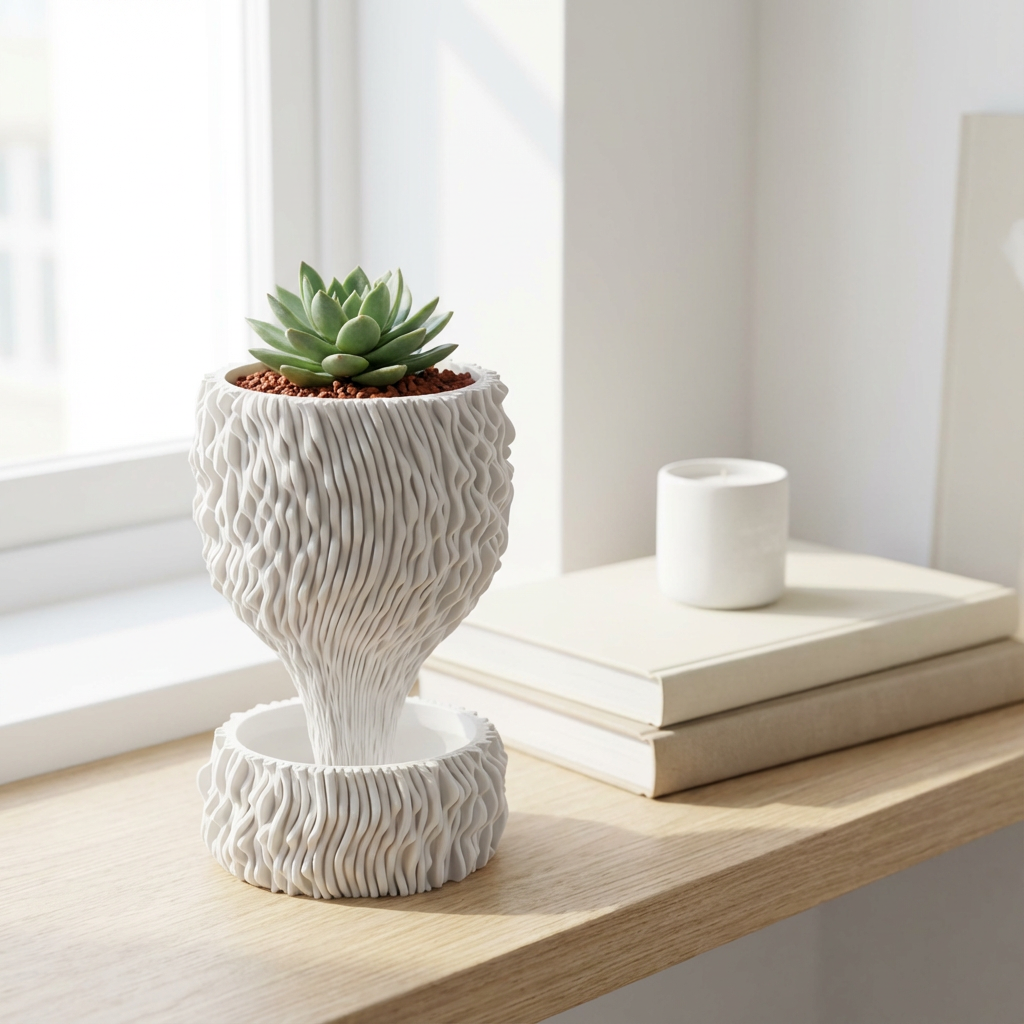 Decorative white textured planter with a succulent on a wooden surface.