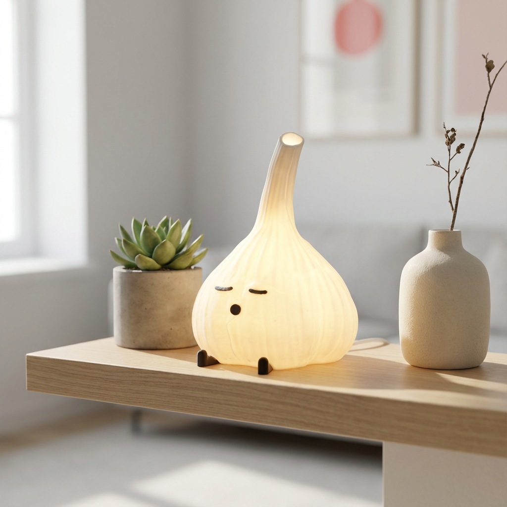 Decorative lamp with a face on a wooden surface next to a plant and a vase.