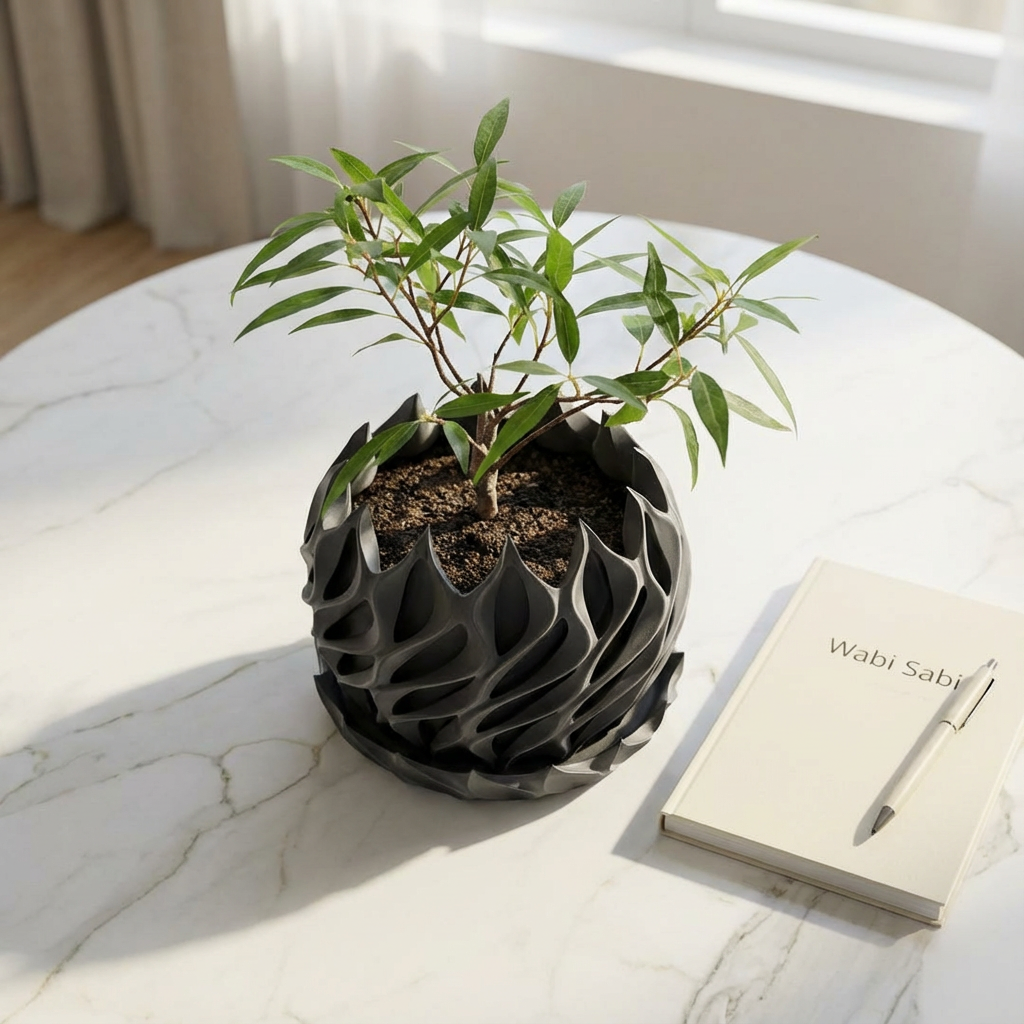 Black wavy pot with a plant on a marble surface next to a notebook and pen.