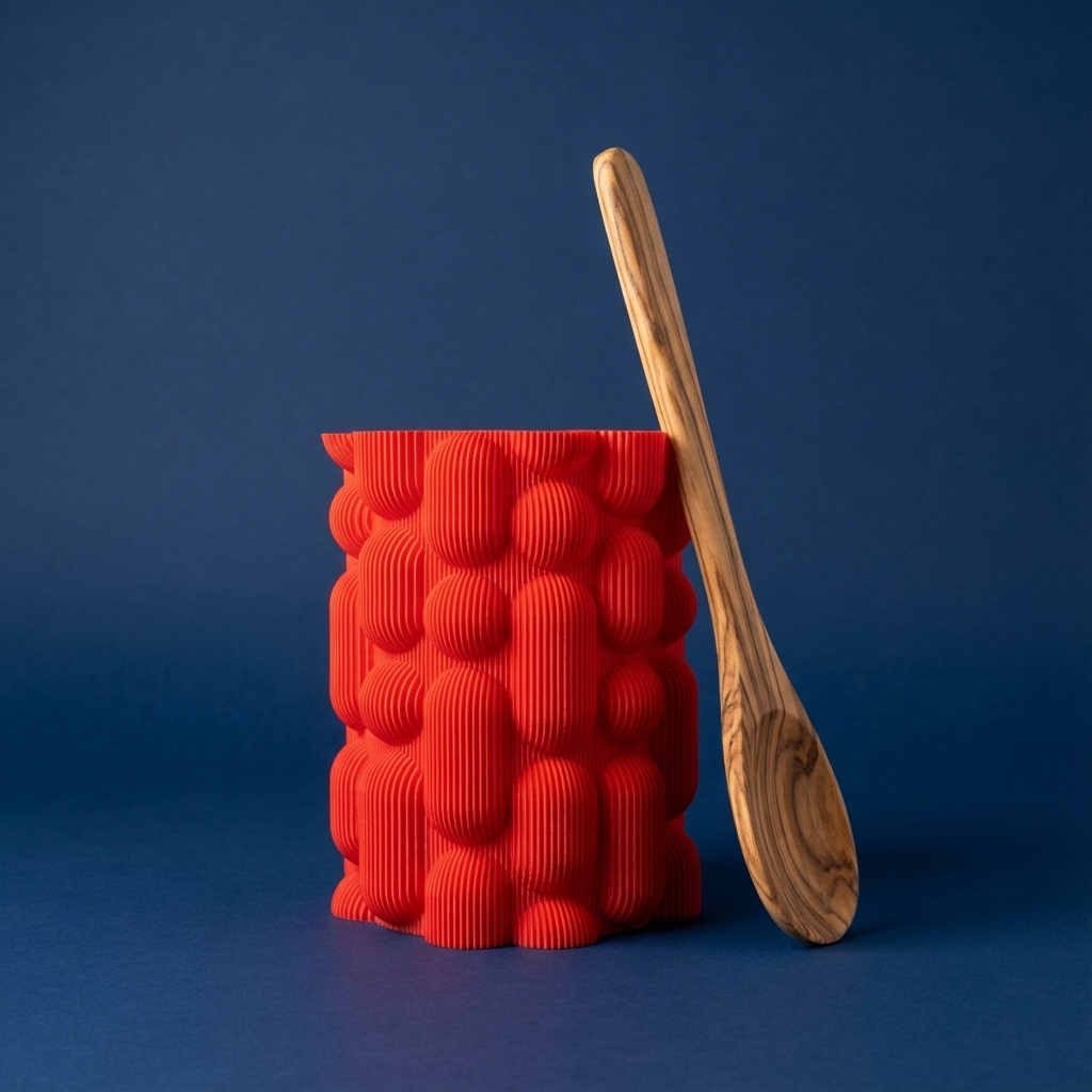 Red textured container with a wooden spoon on a blue background