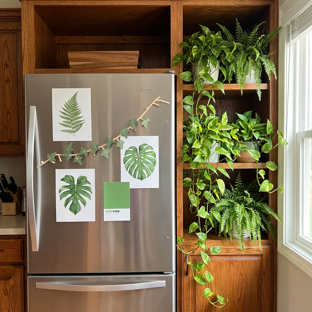 Stainless steel refrigerator with leaf-themed magnets in a kitchen setting