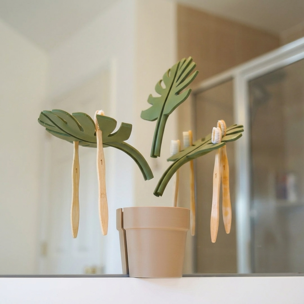 Bamboo toothbrushes with leaf-shaped holders on a mirror background