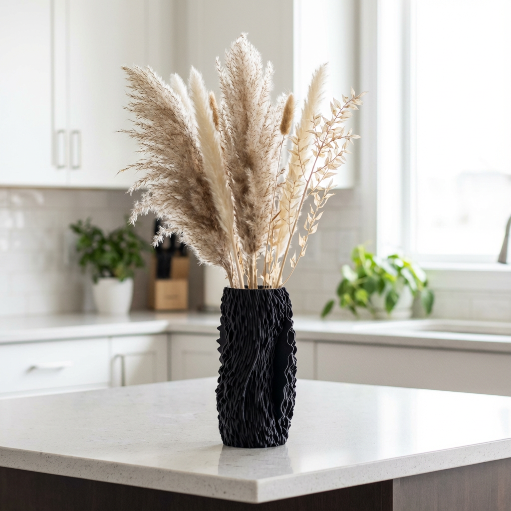 Black textured vase with dried pampas grass on a kitchen counter