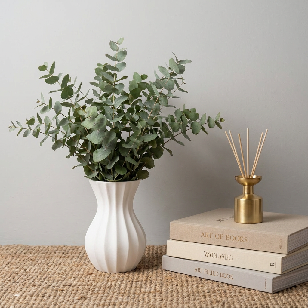 White vase with greenery, gold diffuser, and books on a textured surface