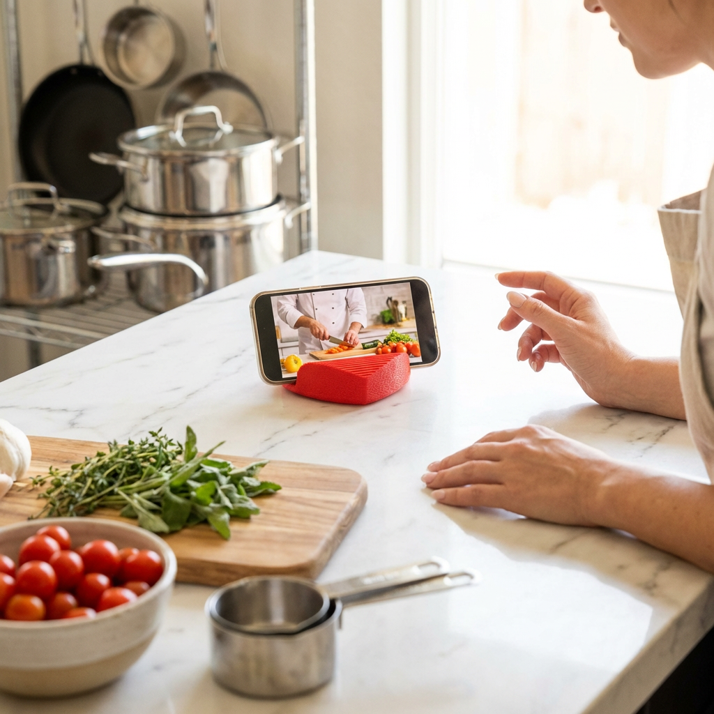 Person using a smartphone with a cooking app on a kitchen counter with ingredients and utensils.