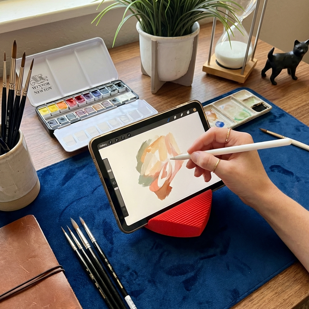Person using a stylus on a tablet with art supplies and a plant on a table.