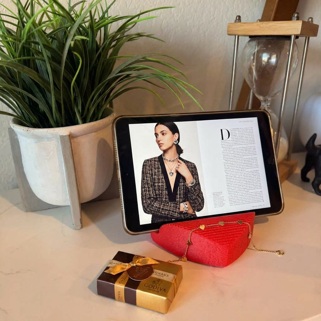 Tablet displaying a woman's portrait on a surface with a plant, red purse, and chocolate bar.
