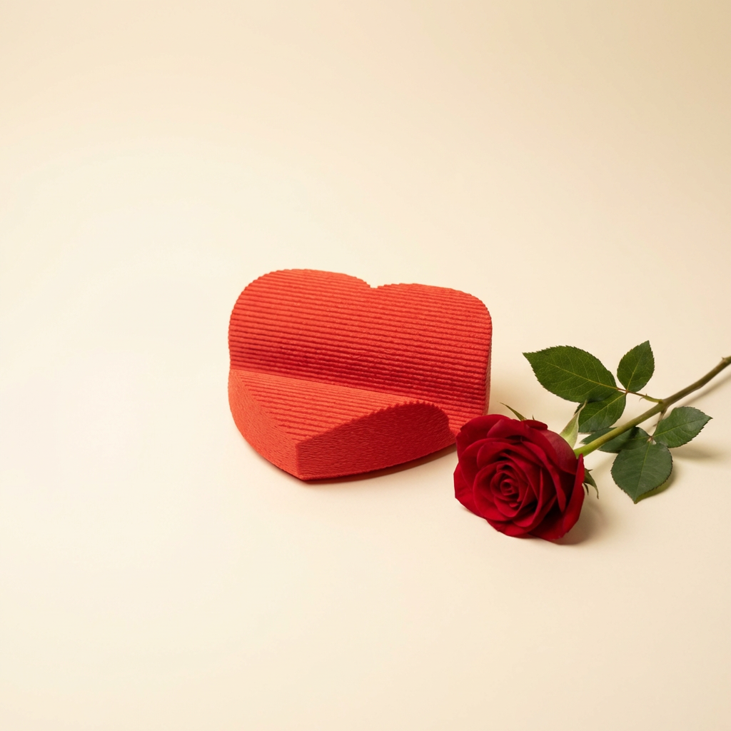 Red heart-shaped object and red rose on a beige background
