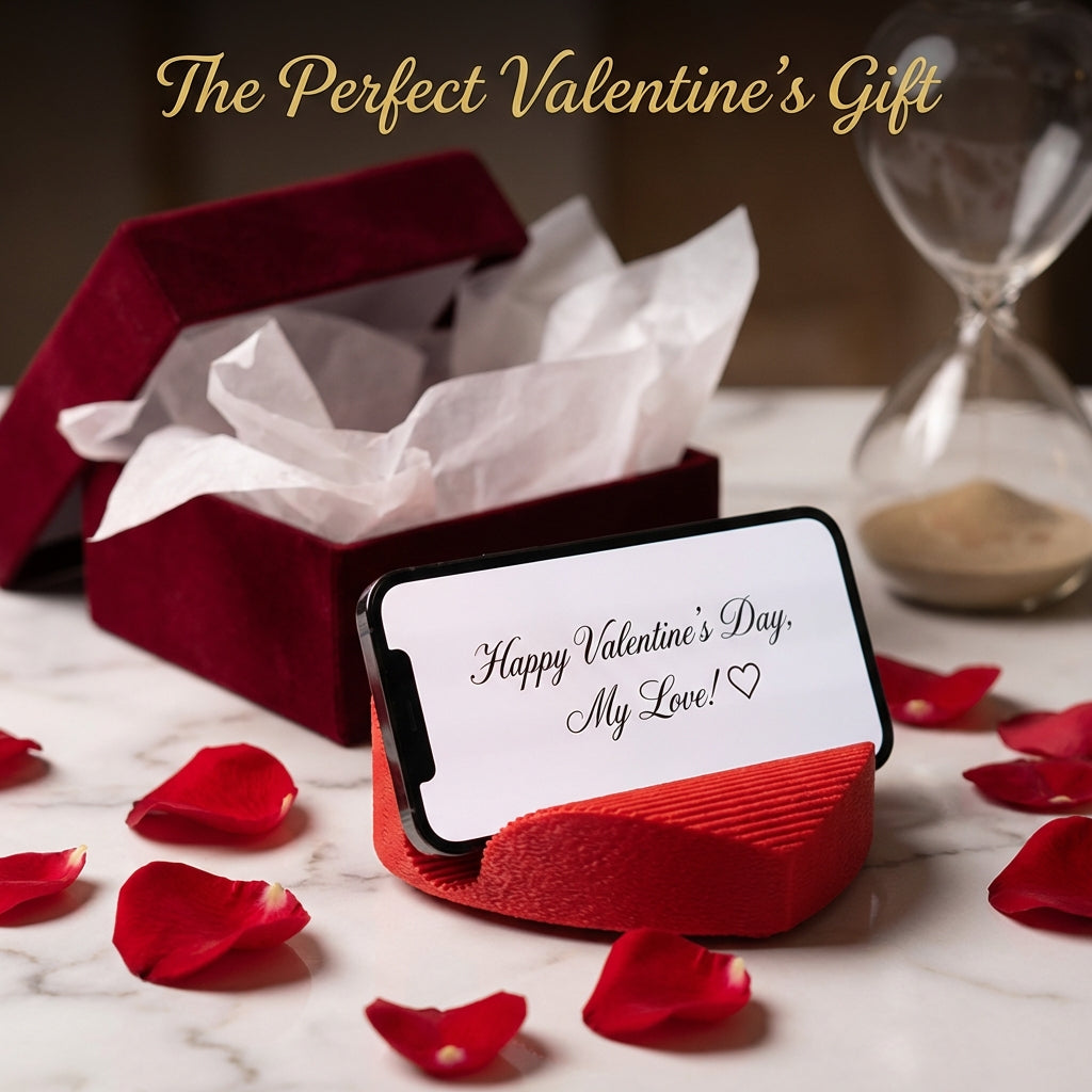 Valentine's Day card with 'Happy Valentine's Day, My Love!' message on a red stand with rose petals and a gift box.