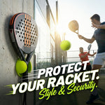 Padel racket in a lime-green wall mount beside players on a court. Text: "Protect your racket. Style & Security."