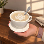White coffee cup storage container held over a dark wood table