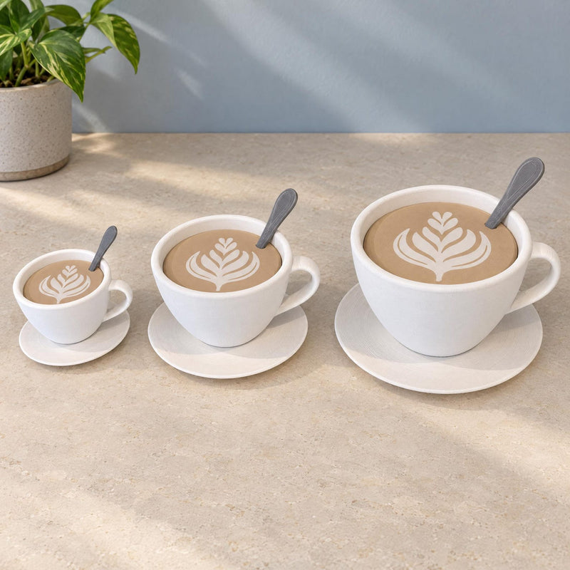 Three white coffee cup storage containers in small, medium and large sizes