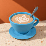 Light blue coffee cup storage container with saucer, latte-art lid and spoon