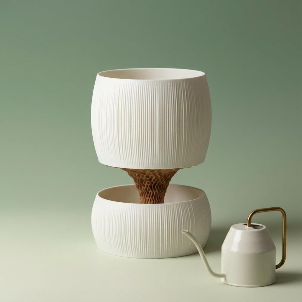 White ribbed Pallas planter with a tan wavy core above its matching bowl, beside a small watering can