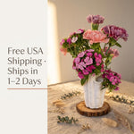 White coral-shaped vase with pink flowers on a wood slice; graphic reads “Free USA Shipping · Ships in 1–2 Days”