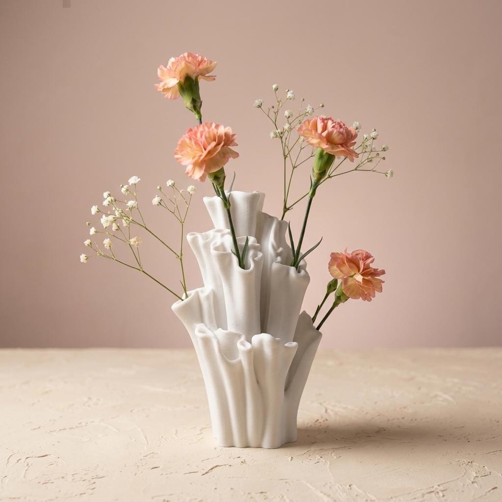 White coral-shaped vase with tall ruffled tubes, peach flowers and tiny white blossoms against a pink background